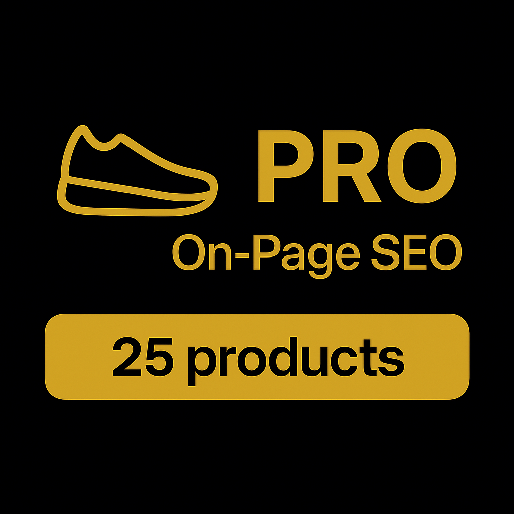 Gold text and shoe icon on a black background with 'PRO On-Page SEO' and '25 products' text.