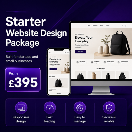 Starter Shopify website design package from £395 with responsive design and secure reliable features