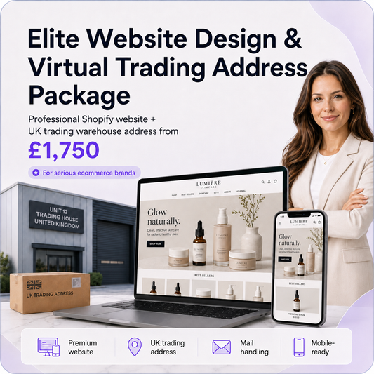 Elite website design package with UK virtual trading address, skincare ecommerce website mockups and mail handling service