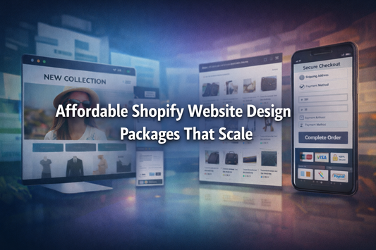 Affordable Shopify website design packages banner with centred text showing scalable ecommerce store layouts across desktop and mobile with clean modern interface
