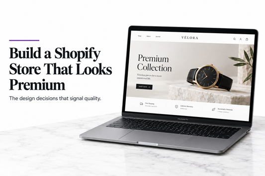 A premium Shopify store homepage displayed on a MacBook Pro, showing a minimal luxury ecommerce design with clean white layout, elegant serif typography, and a hero product section