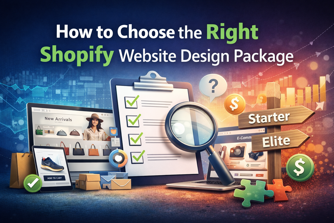 Choosing the right Shopify website design package with visual examples of ecommerce store layouts and conversion-focused design elements