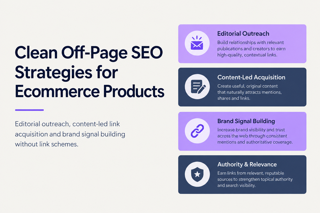 Clean off-page SEO strategies for ecommerce products - editorial outreach, content-led link acquisition and brand signal building without link schemes, from Savlo.