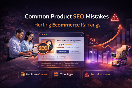 Common product SEO mistakes hurting ecommerce rankings banner showing duplicate content, thin pages and technical issues with declining growth chart