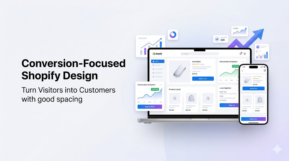 Conversion-focused Shopify design banner with dark gradient background and glowing centre, highlighting modern ecommerce optimisation and high-performance website design