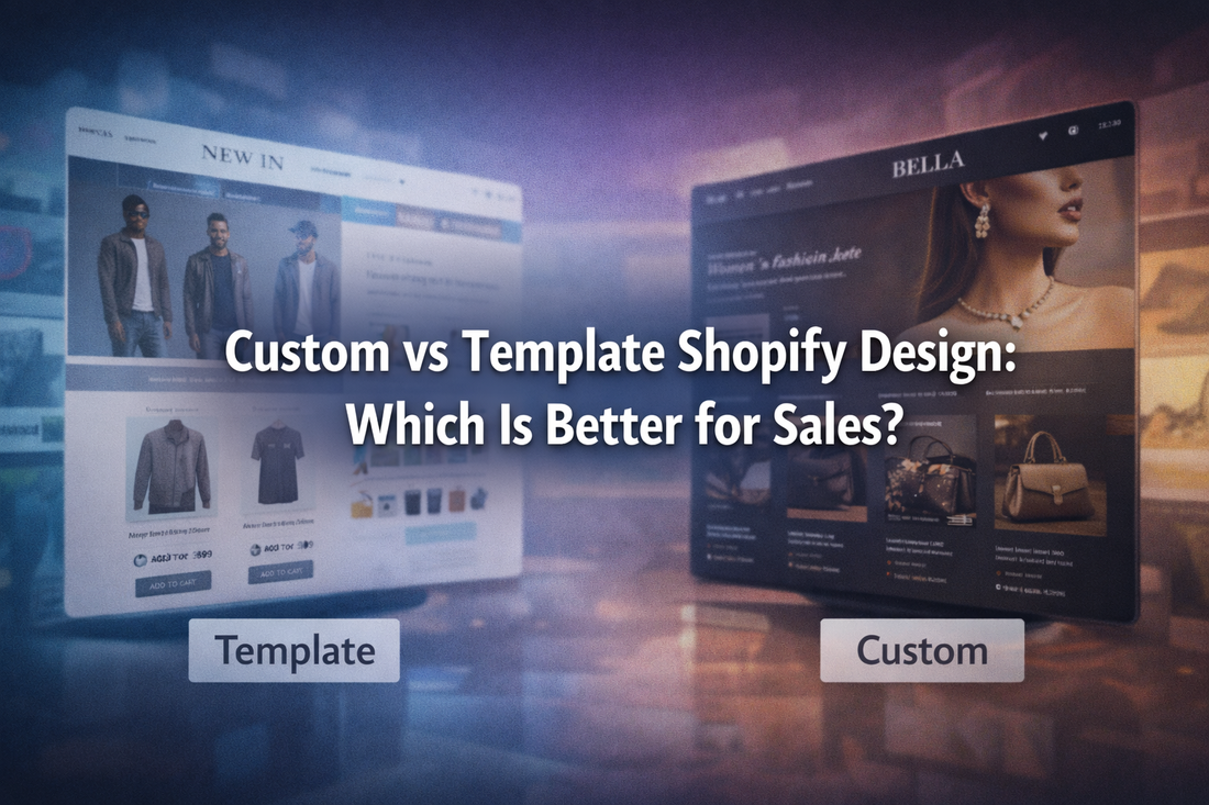 Custom vs Template Shopify design comparison banner with centred text showing two ecommerce store layouts highlighting differences in design, branding, and conversion approach