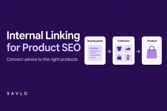 Internal linking diagram showing a buying guide connected by arrows to a collection and product page.