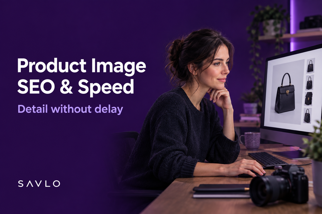Woman reviewing handbag product photographs on a desktop monitor, with a camera on the desk and “Product Image SEO & Speed” text on a purple background.⠋