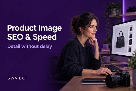 Woman reviewing handbag product photographs on a desktop monitor, with a camera on the desk and “Product Image SEO & Speed” text on a purple background.⠋