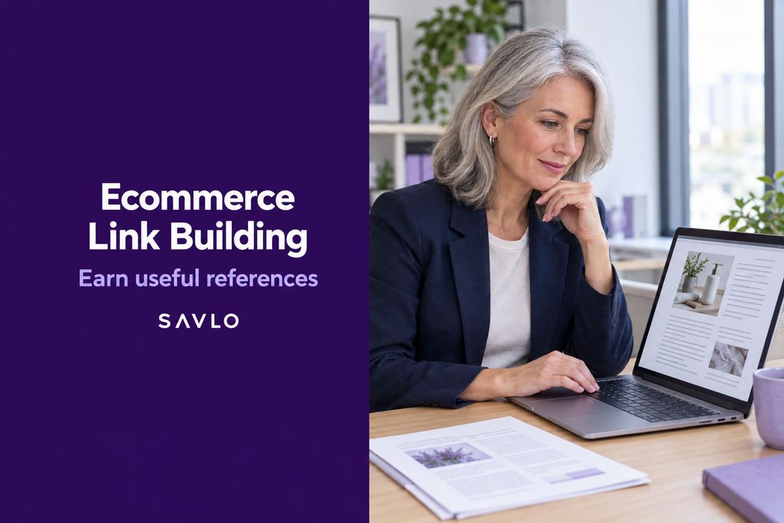 Woman reviewing an article on a laptop beside “Ecommerce Link Building” text on a deep-purple panel.