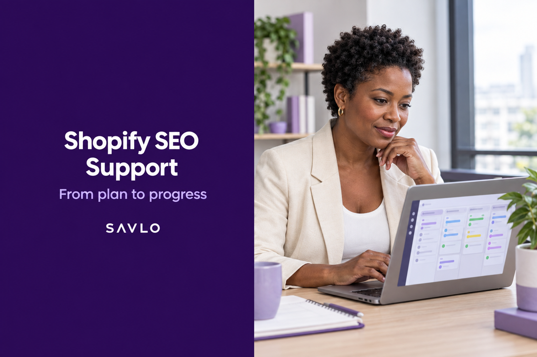 Woman reviewing a project board on a laptop beside “Shopify SEO Support” text on a deep-purple panel.⠋