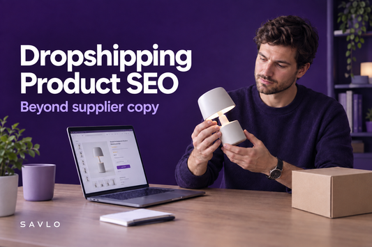 Man inspecting a table lamp beside a laptop and packaging box, with “Dropshipping Product SEO” text on a purple background.