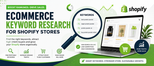 Modern ecommerce keyword research banner for Shopify stores featuring SEO analytics, keyword search magnifier, Shopify ecommerce website interface, traffic growth icons, and text promoting higher rankings, organic traffic, and increased sales.
