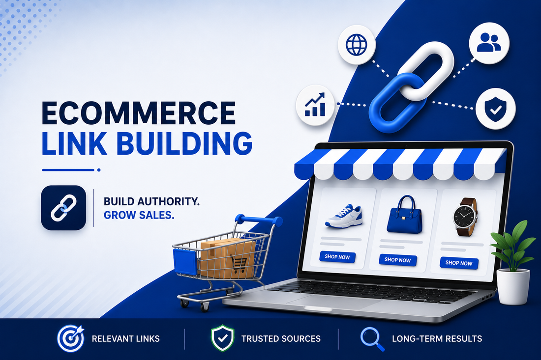 Ecommerce link building banner showing online store laptop, backlink chain icon and SEO trust symbols for building authority and growing sales.