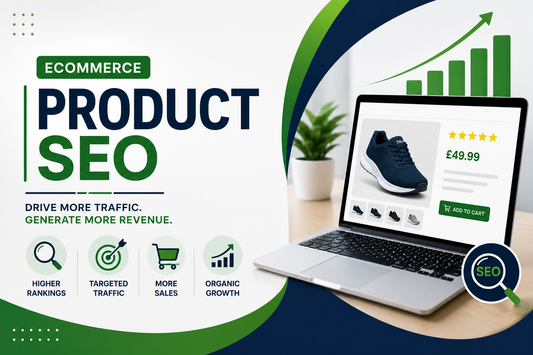 Ecommerce product SEO banner showing online product page, SEO growth chart, and organic revenue improvement.