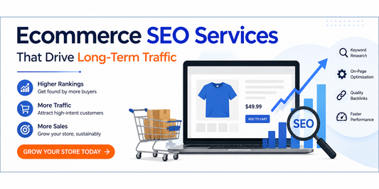 Modern ecommerce SEO banner with analytics graphs, online store visuals, and centred text promoting long-term traffic, higher rankings, and more sales.