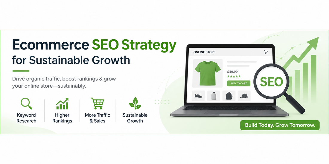 Modern ecommerce SEO strategy banner with online store dashboard, SEO analytics, ranking growth chart, and centred text promoting sustainable ecommerce growth.