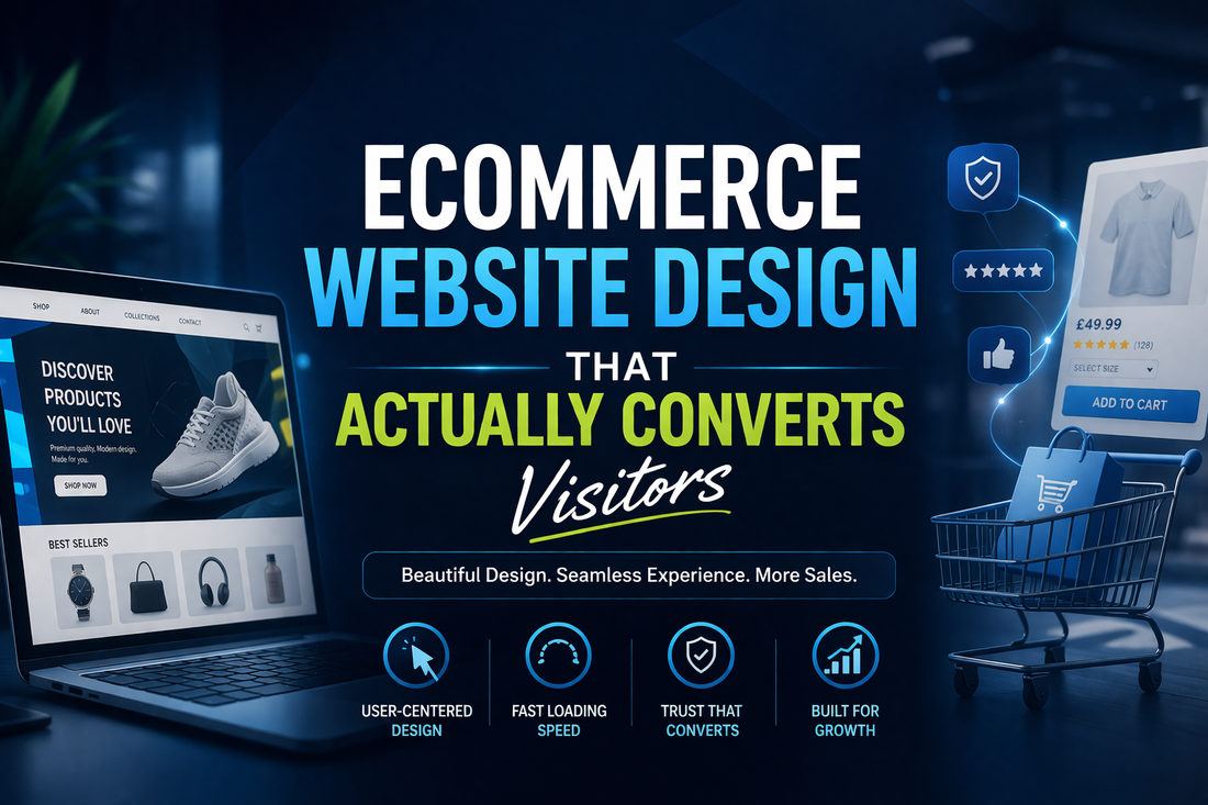 Ecommerce website design banner with centred text highlighting conversion-focused design, fast loading speed, mobile optimisation, and increased sales visuals