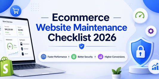 Ecommerce website maintenance checklist 2026 banner with analytics dashboard, speed optimisation and security visuals