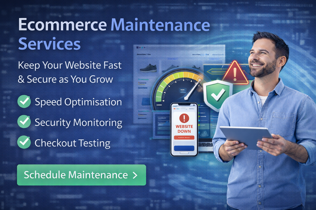 Ecommerce website maintenance services banner highlighting speed optimisation, security monitoring, and checkout testing for growing online stores