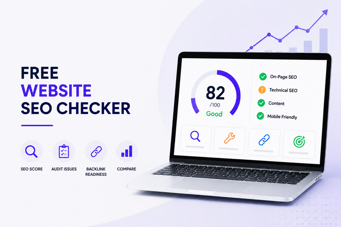 Free website SEO checker banner showing SEO score, audit issues, backlink readiness and competitor comparison dashboard