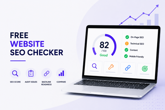 Free website SEO checker banner showing SEO score, audit issues, backlink readiness and competitor comparison dashboard