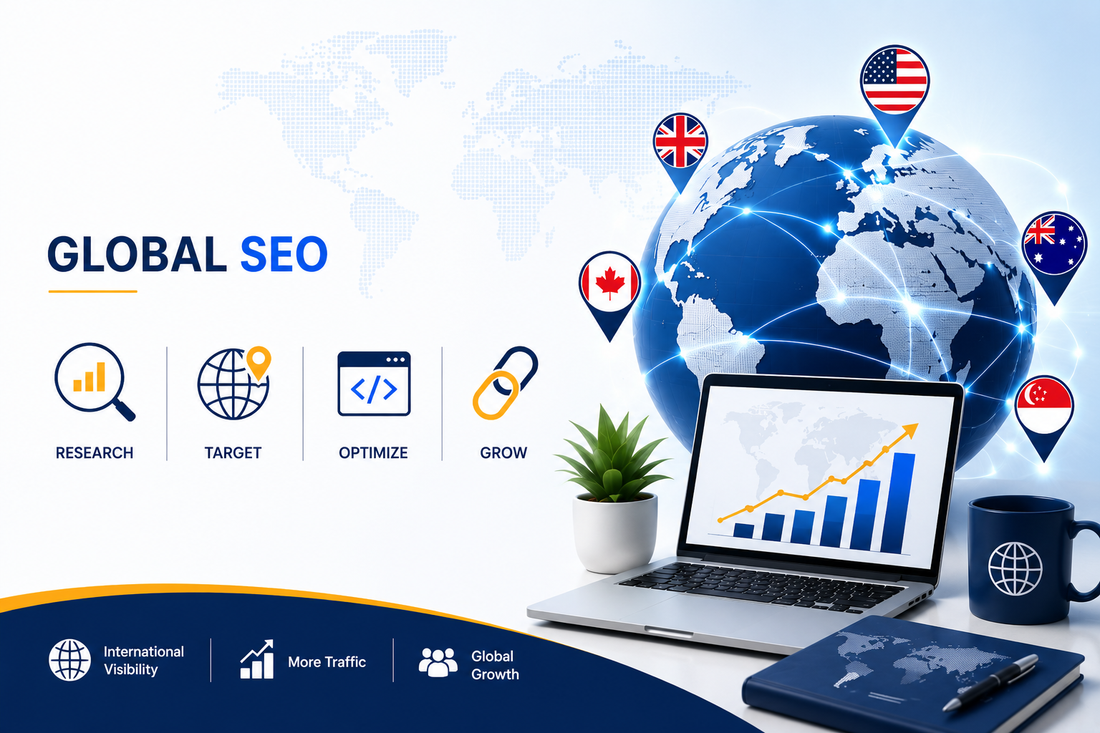 Global SEO banner with world map, international location pins, laptop analytics and search growth icons.