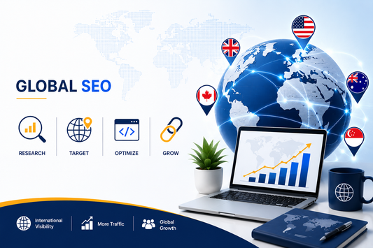 Global SEO banner with world map, international location pins, laptop analytics and search growth icons.