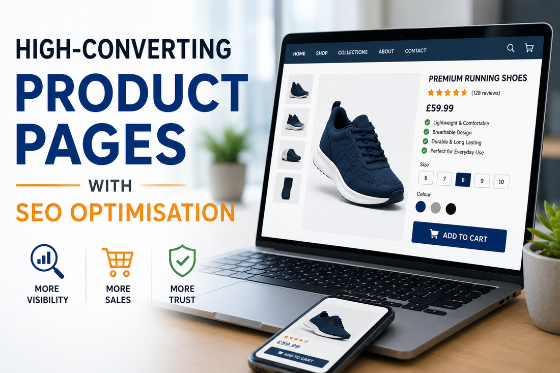 Laptop showing an ecommerce product page with SEO optimisation for higher conversions and sales.