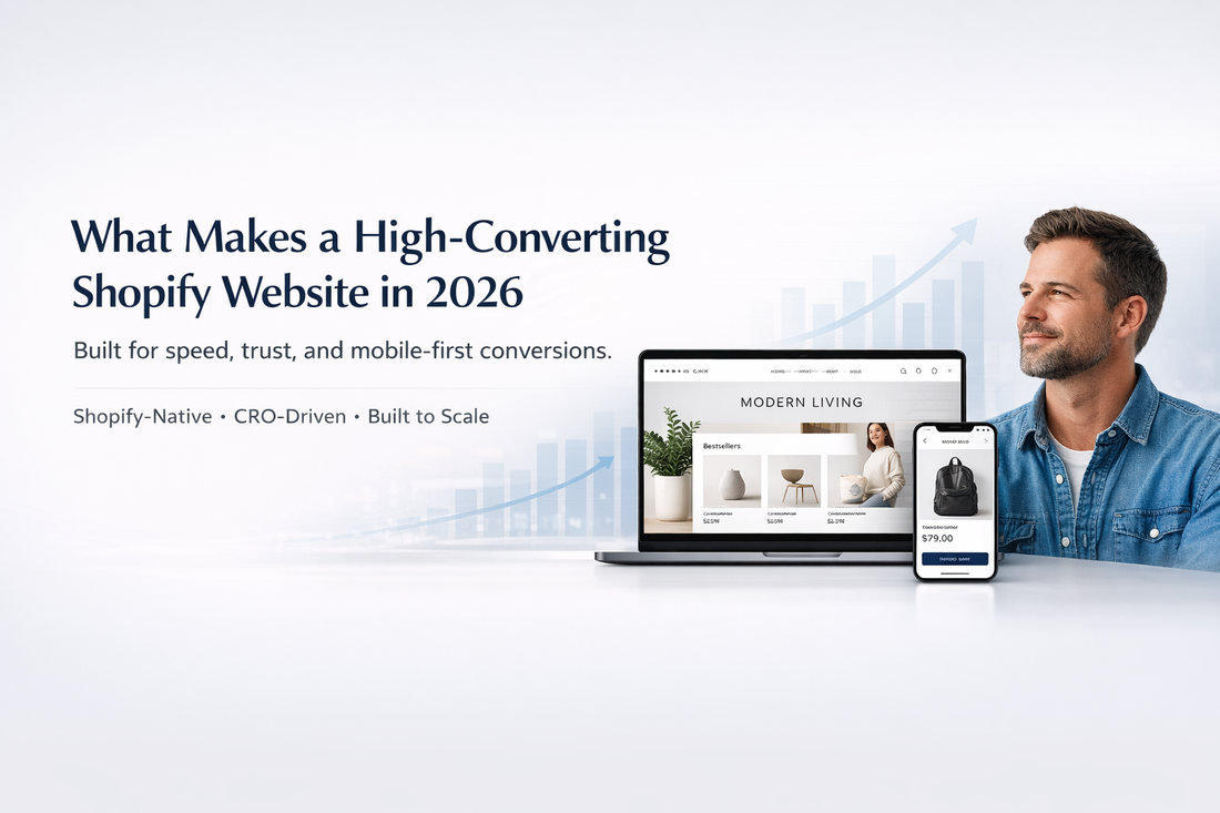 High-converting Shopify website design hero banner showcasing a 2026 mobile-first, conversion-focused ecommerce layout