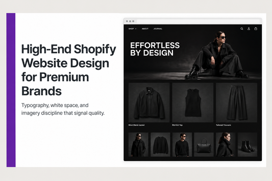 High-end Shopify homepage in a dark luxury editorial style showing minimal navigation, bold headline and fashion product grid - illustrating premium Shopify website design for high-end brands, from Savlo.