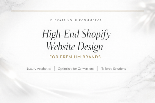 High-end Shopify website design banner for premium brands featuring elegant typography, luxury white marble background, and conversion-focused messaging.