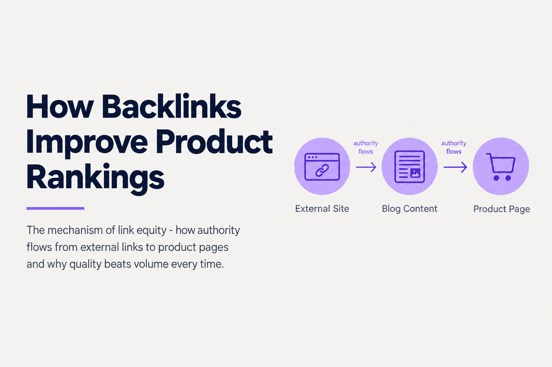How backlinks improve product rankings - the mechanism of link equity and how authority flows from external links to product pages, from Savlo.