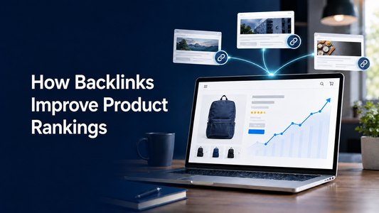 Ecommerce product page receiving quality backlinks with an upward ranking graph