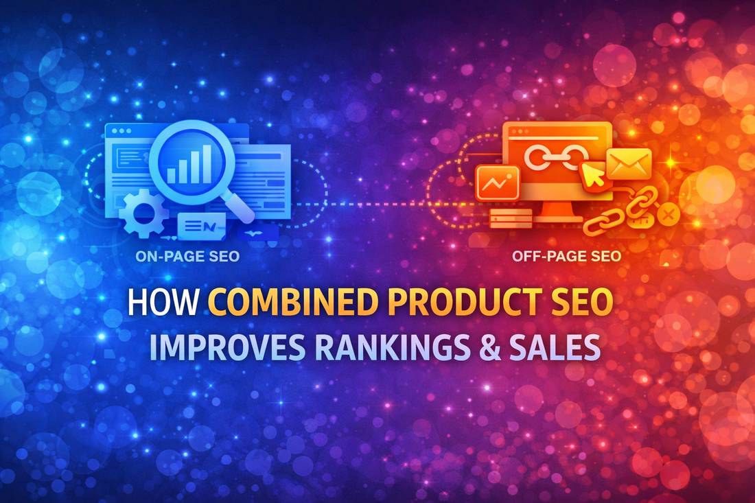 How combined product SEO improves rankings and sales banner with centred bold text and split on-page vs off-page design