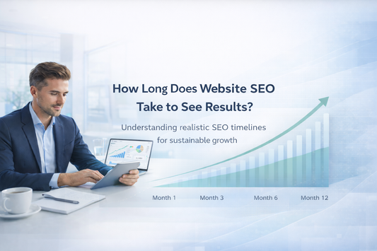 How long does website SEO take to see results banner showing gradual 12-month ranking and traffic growth with professional analysing performance dashboard