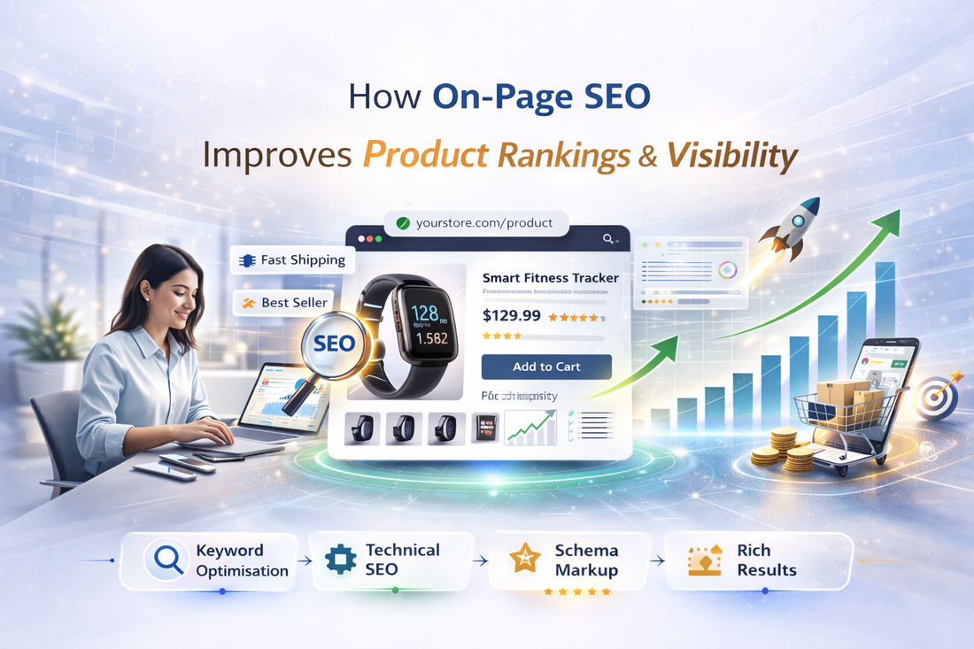 How on-page SEO improves product rankings and visibility banner showing ecommerce product optimisation, keyword targeting, schema markup and upward growth chart