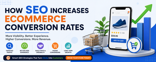 Modern ecommerce SEO banner showing conversion growth, online shopping interface, SEO analytics, and marketing icons with text about increasing ecommerce conversion rates.
