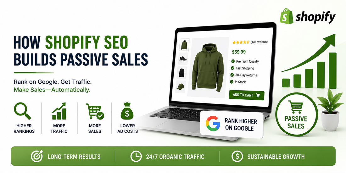 Modern Shopify SEO passive sales banner featuring ecommerce product page mockup, organic traffic growth chart, Google ranking visuals, and clean green-and-white design focused on long-term traffic, passive ecommerce sales, and reduced advertising costs.