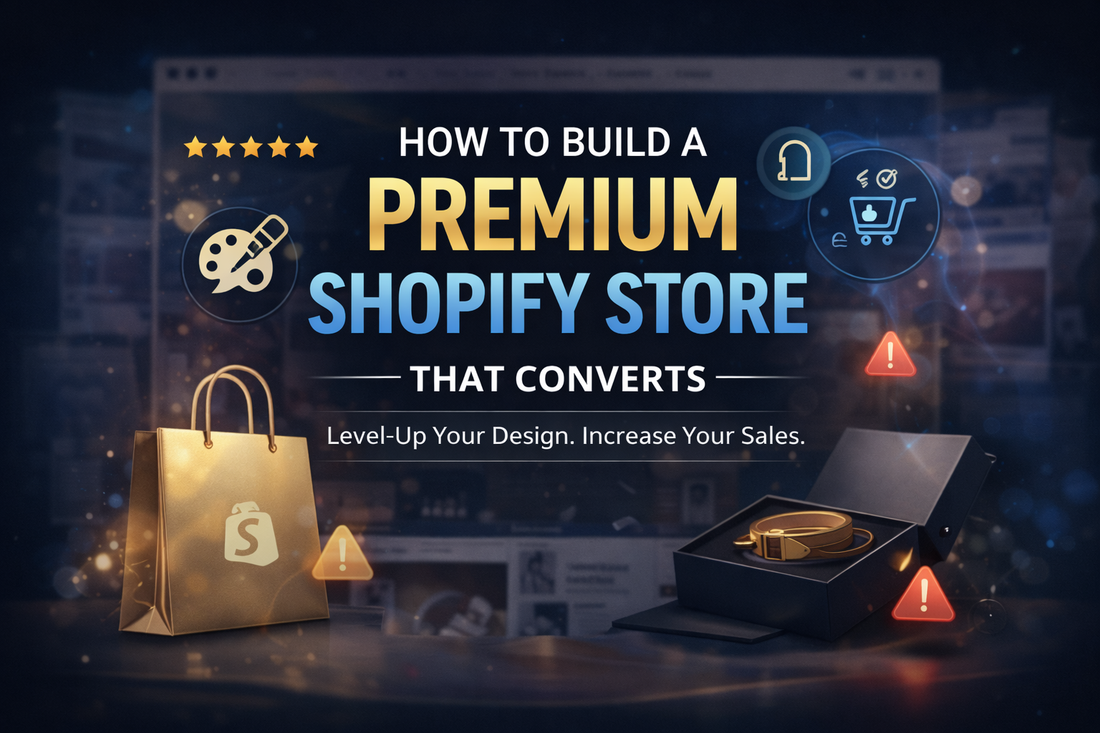 Premium Shopify store design banner with centred text highlighting luxury ecommerce design, clean layout, and high-converting premium branding