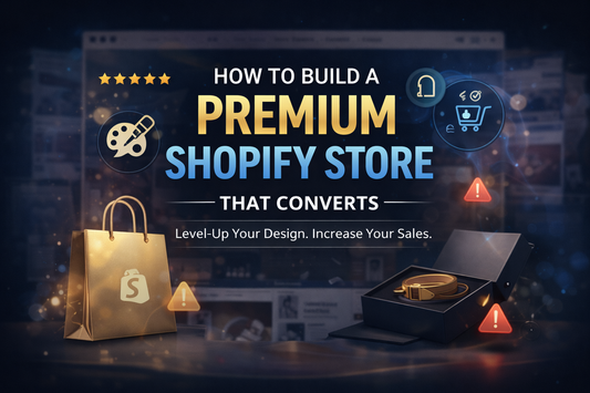 Premium Shopify store design banner with centred text highlighting luxury ecommerce design, clean layout, and high-converting premium branding