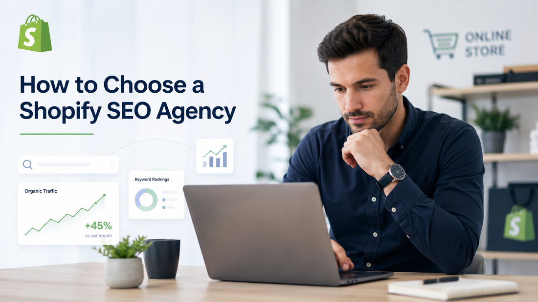 Business owner reviewing Shopify SEO performance on laptop with organic traffic and keyword ranking charts.