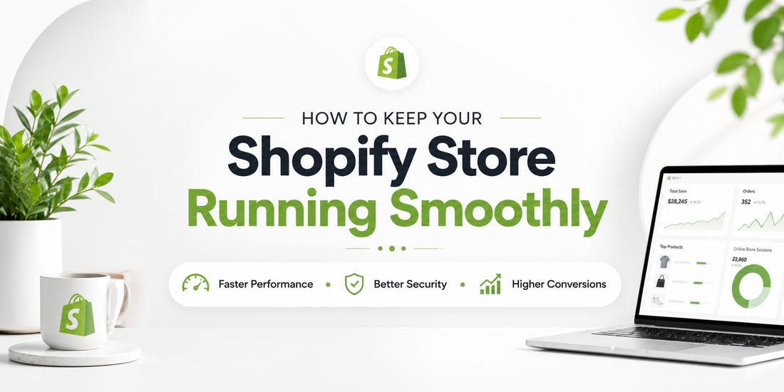 How to Keep Your Shopify Store Running Smoothly banner with performance, security and conversion optimisation theme