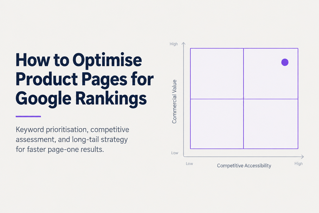 How to optimise product pages for Google rankings - keyword prioritisation, competitive assessment and long-tail strategy for faster page-one results, from Savlo.