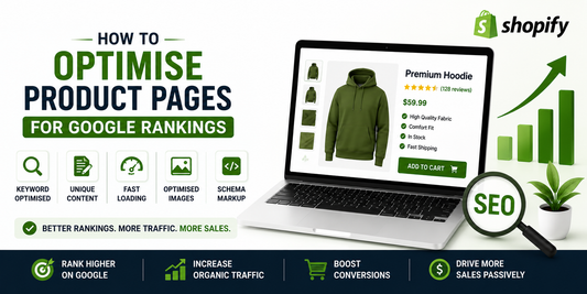 Shopify product page SEO banner featuring ecommerce product mockup, keyword optimisation icons, schema markup symbols, SEO magnifier, and clean green-and-white design focused on improving Google rankings,