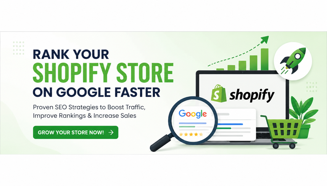 Modern Shopify SEO banner showing Google ranking growth, ecommerce analytics, Shopify store optimisation visuals, and centred text promoting faster Google rankings for Shopify stores.