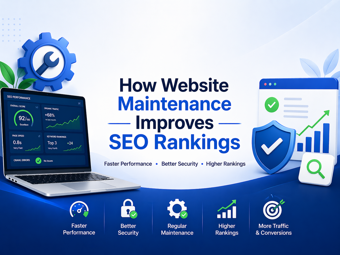 Website maintenance SEO banner with centered text highlighting improved rankings, faster performance, and better security with modern analytics visuals