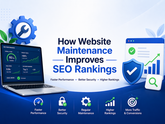 Website maintenance SEO banner with centered text highlighting improved rankings, faster performance, and better security with modern analytics visuals