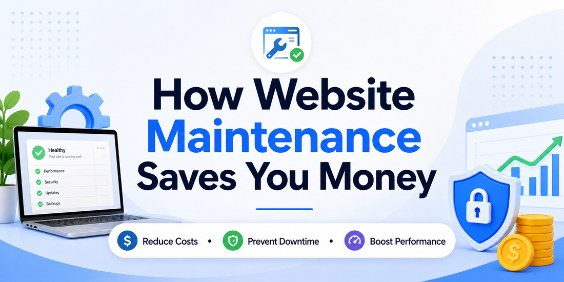 Website maintenance banner showing laptop dashboard, security shield, and growth chart highlighting cost savings, uptime protection, and performance optimisation