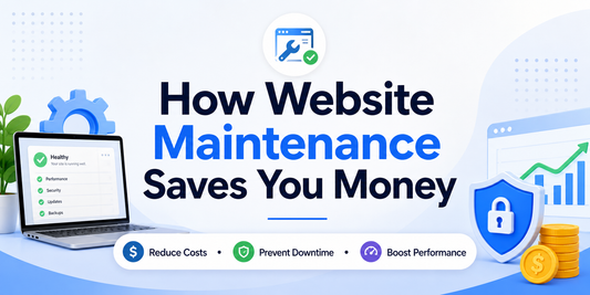 Website maintenance banner showing laptop dashboard, security shield, and growth chart highlighting cost savings, uptime protection, and performance optimisation